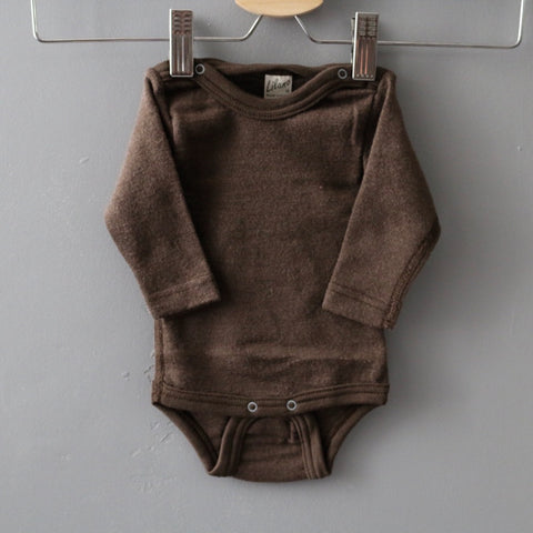 body bébé en laine merinos et soie bio, Lilano, fabrique en allemagne, marron