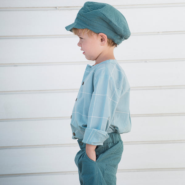 chapeau enfant et bébé en coton bio, Serendipity Organics, bleu rayé, coton biologique, tissé