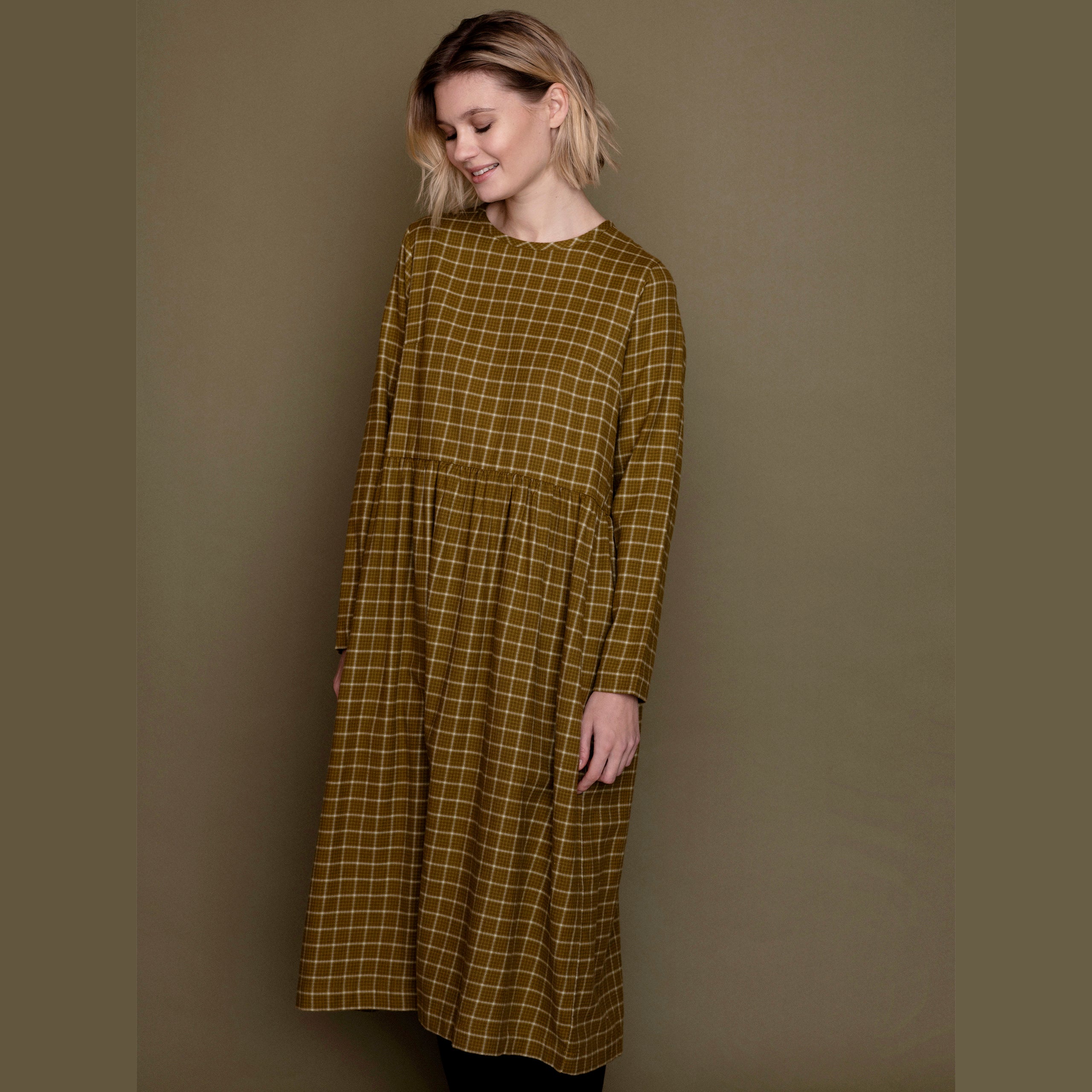 Organic Brushed Cotton Dress - Olive Checks