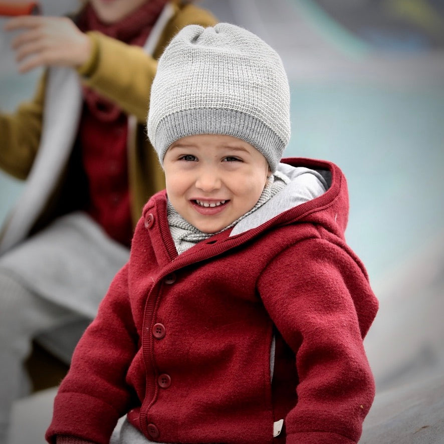 Disana natur, beanie tricoté, chapeau enfants laine merinos bio, equitable durable biologique vêtements enfants et bébé, couleur gris