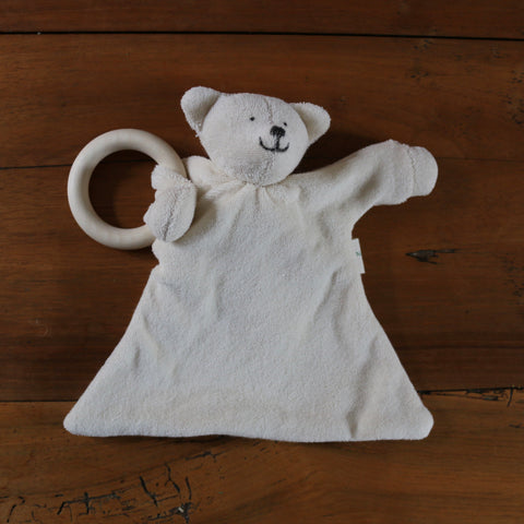 doudou bébé ours polaire en coton bio avec l'anneau de dentition, doudou bébés naturel, coton et laine bio, Nanchen, doudou Waldorf steiner