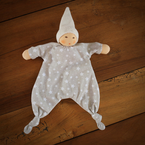 Nanchen doudou lutin bio bébé, doudou biologique enfants, lutin en coton bio et laine, beige étoile