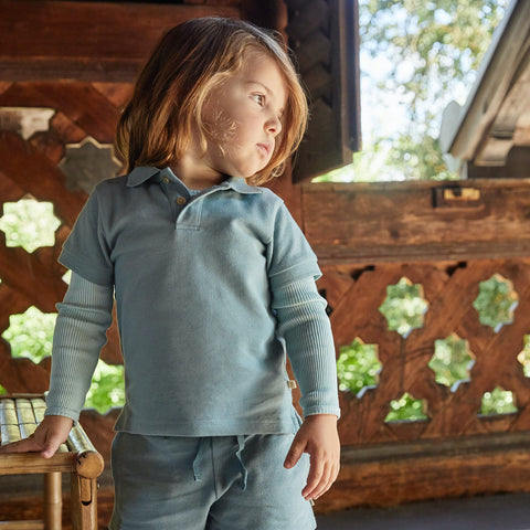 nouvelle collection, polo shirt enfants bleu en coton biologique GOTS certified par Minimalisma